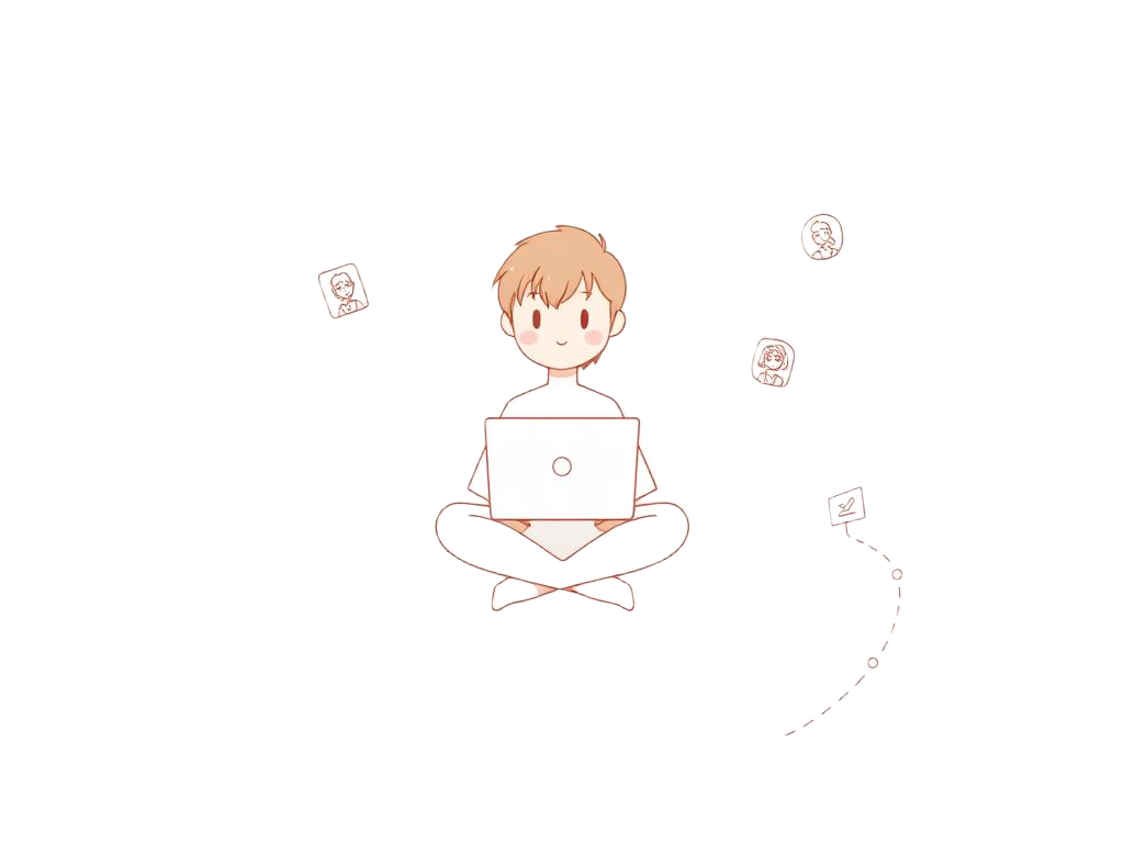 Illustration of a character with a laptop surrounded by persona avatars and a journey path